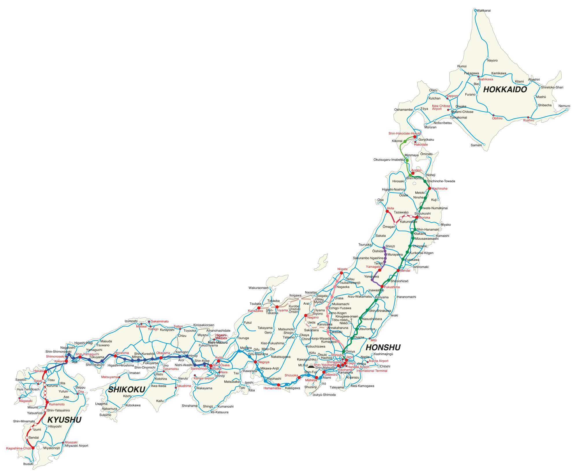 Carte du réseau de train au Japon